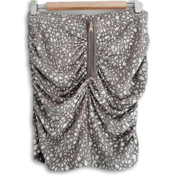 MODA INTERNATIONAL | Ruched Exposed Zip Mini Skirt Grey Silver Animal Print Sz M - Picture 7 of 12